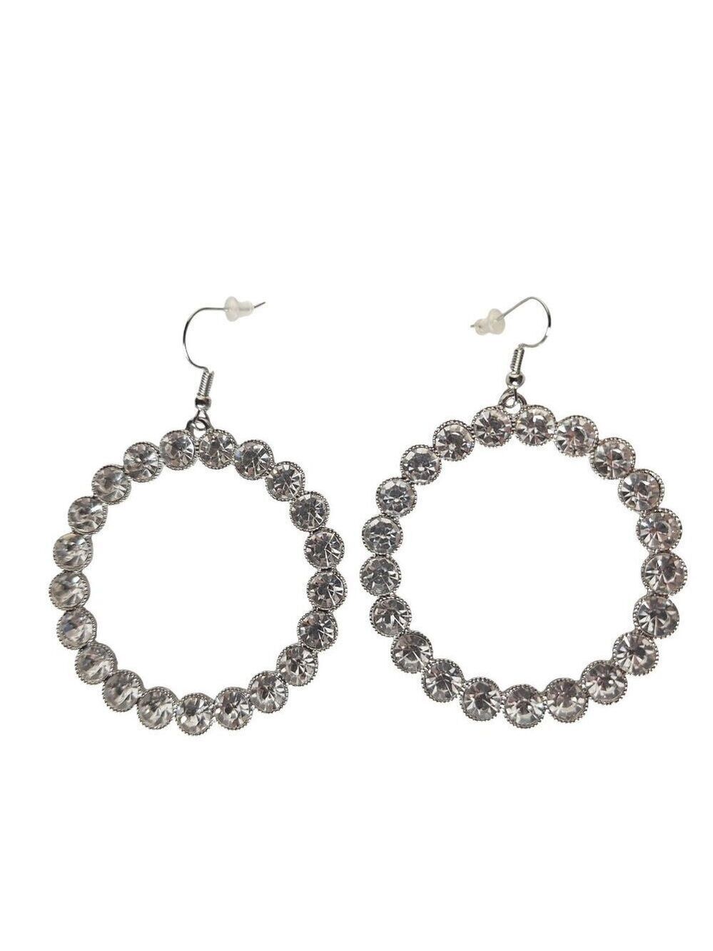 Silver Tone Hoop Earrings Crystal Accents